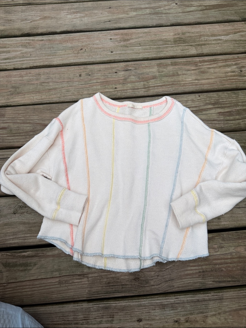 Lightweight Cream Crewneck Sweater with Pastel Stripe Accents